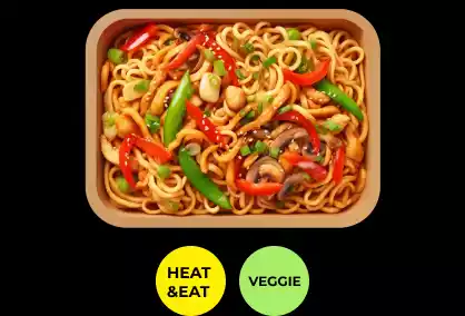 Gesunde und frische Bagels, Gerichte, Salate, Snacks, Wraps und Getränke aus einem Automaten: Bami Goreng